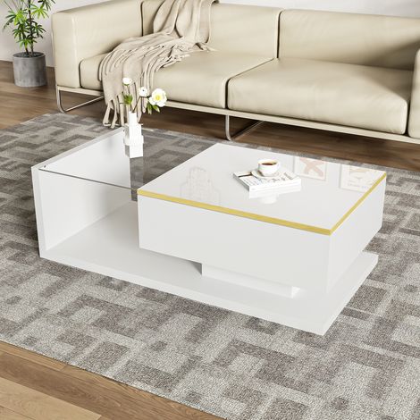 Table basse de 100 cm, blanc brillant. Tables d'appoint et tables basses avec verre et effet LED (1/5)