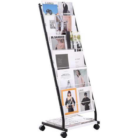 Présentoir de brochures à 6 niveaux, support de magazines sur pied, rack à journaux mobile avec 4 roues, 6 poches pour bureaux et (1/5)