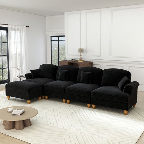 Sofá modular clásico en forma de L de 4 plazas de chenilla con reposabrazos en forma de embudo, faldón con volantes extraíble, patas en forma de huso y otomana móvil – Asiento profundo y cómodo para l