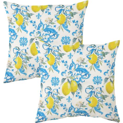 Lot de 2 taies d'oreiller d'extérieur 45 x 45 cm avec imprimé citron Capri en coton, résistante aux intempéries et à la saleté, pour jardin, terrasse et salon, fermeture éclair dissimulée (1/4)