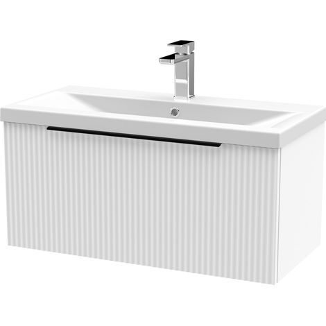 Fluted Front Wall Hung 1-Drawer Bathroom Vanity Unit with 1 Tap Hole Basin, 800mm, Satin White, Black Handles (1/5)