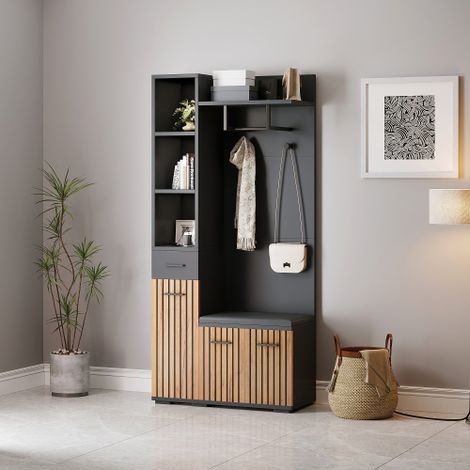 Vestiaire armoire 80x35x175 cm - Avec 2 crochets - Avec banc à chaussures - 3 portes et 1 tiroir - Noir et naturel (1/5)
