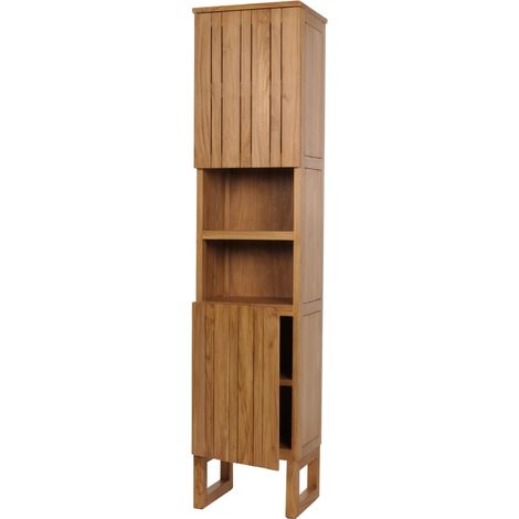 [NEUWERTIG] Teak-Hochschrank HHG-498, Badschrank, 2 Türen 6 Fächer, hochwertiges B-Grade-Teak (Kernholz, 20-30 Jahre) 181x40x35cm