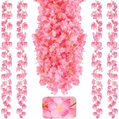 4 Stück Kirschblüten Künstliche Blumen Girlande 180cm Kirschblüten Deko Blumengirlande Kunstblumen Seidenblumen Hängend Vines für Hochzeit Garten Party Wand Zimmer Dekoration (Dunkelrosa)