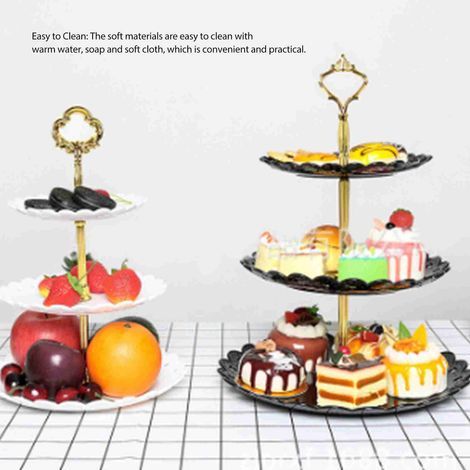 Großer Dessertteller aus Kunststoff im nordischen Stil mit Spitzenverzierungen, luxuriöse dreistöckige Obstschale, perfekt für Wohnzimmer, Hochzeiten, Weihnachten und als Dessertständer, in Weiß. (1/5)