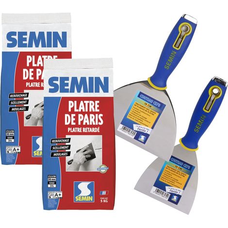 Lot de 2 pâtre de Paris Semin pour moulages, scellements et rebouchage - intérieur - sac de 5 kg, un couteau à enduire multifonctions CE 78 - 10 cm et un couteau à enduire - 15 cm (1/5)