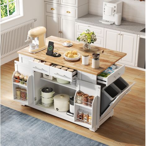 Îlot de cuisine 138x86x92 cm en MDF blanc avec plateau rabattable, pour cuisine pratique – MEUBLIV (1/5)