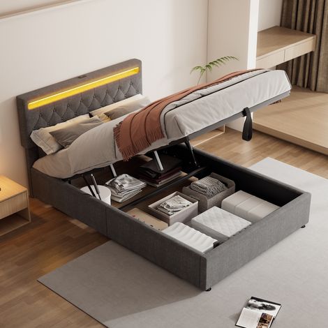 Letto imbottito moderno 140x200 cm con contenitore idraulico, LED sulla testiera, USB/Type-C, lino grigio (1/5)
