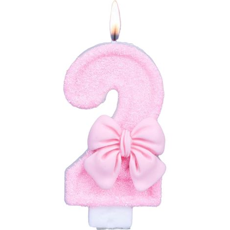 Bougie d'anniversaire en forme de chiffre - Décoration de gâteau 3D - Pour fête d'anniversaire, mariage, fête de golf, anniversaire de mariage - Nœud rose - Numéro 2 (1/5)