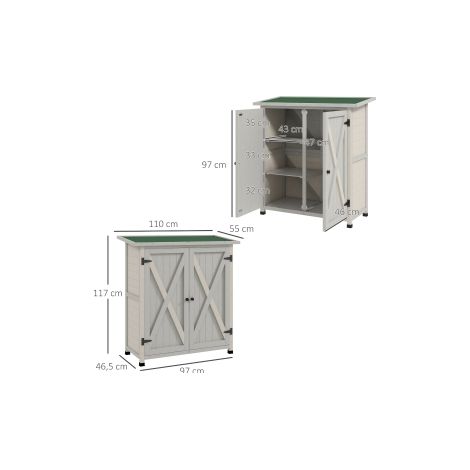 Armoire de jardin gris clair en bois avec 2 portes et toit bitumé résistant aux intempéries pour terrasse et jardin (1/5)