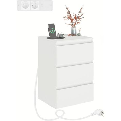 Commode blanche 3 tiroirs avec 2 ports USB et 2 prises AC 40x35x60cm (1/5)