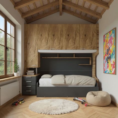 Cameretta a ponte con letto estraibile e spazio intelligente - Quercia e basalto