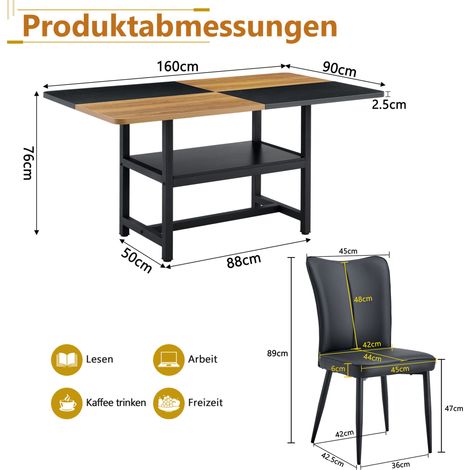 Juego de mesa de comedor rectangular de 160 cm con almacenaje, 6 sillas PU negras, marrón y negro (1/5)