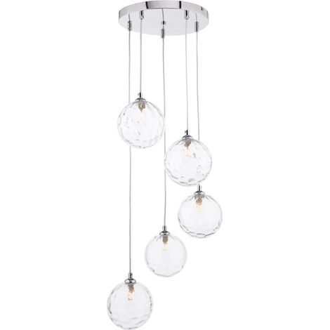 Dar Federico Plafonnier suspendu à 5 ampoules, chrome poli, verre transparent à fossettes de 150 mm (1/5)
