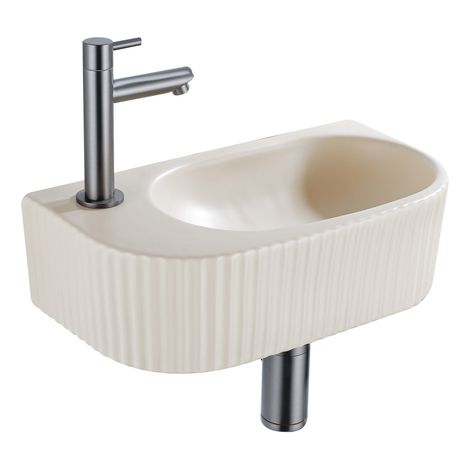 QeramiQ Fuente Ensemble de lavabo - 40x21.5x12cm - gauche - nervuré - demi-rond - 1 trou de robinet - céramique - robinet de lavabo gunmetal - bouchon (1/4)