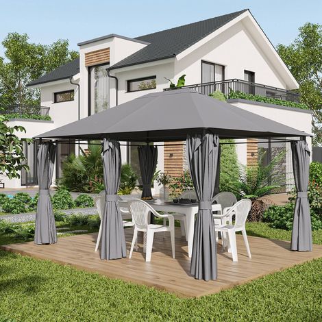 Pavillon de jardin de style colonial, double toiture, parois latérales amovibles, 4 x 3 x 2,72 m, gris (1/5)