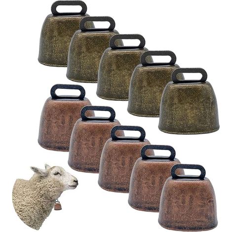 Lot de 10 cloches métalliques bronze/bronze rouge pour bétail, vache, chèvre, cheval et animaux, décoration ferme et Noël (1/5)