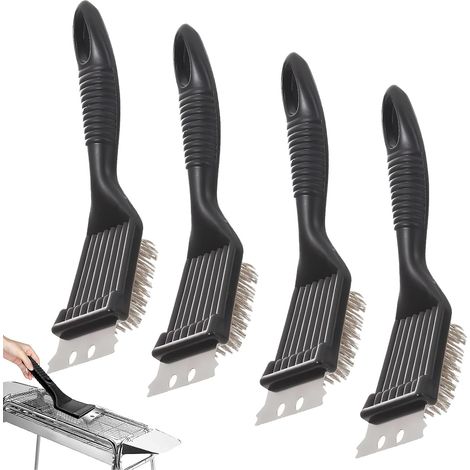 Brosse de nettoyage noire pour gril, lot de 4, avec spatule en acier inoxydable pour nettoyer les grilles et les surfaces, idéal pour le nettoyage des grils (1/5)