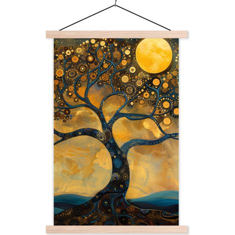 TEXTILE WALL ART Tree - Moon - Flowers - Gold - Art 60x90 cm (1/3)