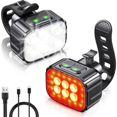 Phare Vélo - LED Rechargeable USB - Étanche IP65 - Avant 4 Modes Arrière 6 Modes - Blanc Rouge - 1 Pièce (1/4)
