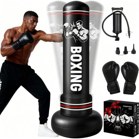 Sac de Frappe sur Pied Gonflable pour Adulte, Punching Ball avec Gants et Pompe à Air, Sac de Boxe pour Entraînement de Kickboxing, MMA Karaté Fitness Taekwondo Idéal Cadeau (1/5)