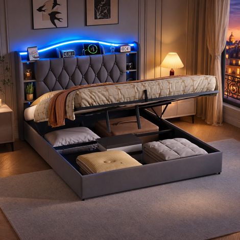 JOOKGBD - Polsterbett mit Bettkasten 140x200 cm, LED und USB, Doppelbett mit gepolsterter Kopfteil und verstecktem Stauraum, offene Ablagen, Velours, Grau, Lattenrost inklusive, ohne Matratze (1/5)