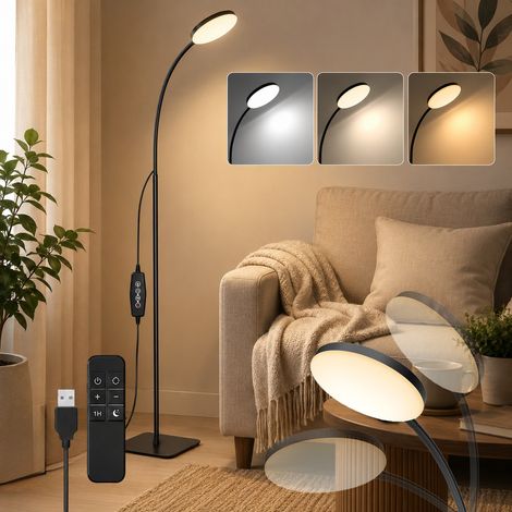 HEMVOR Lampadaire LED sur pied dimmable 10 W, 3 températures 3000-6000 K, 10 niveaux, tête ronde 16 cm, télécommande, USB, noir