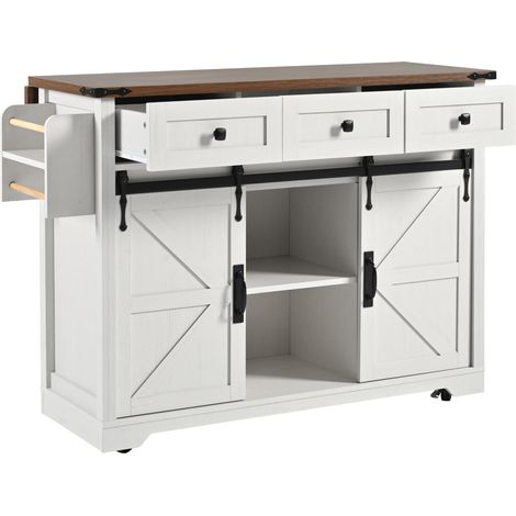 Îlot de cuisine avec plateau extensible, chariot de service à roulettes, 2 portes coulissantes et 3 tiroirs, finition effet bois (1/5)