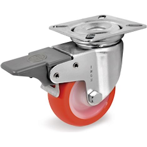 Roulette INOX pivotante à frein diamètre 50 mm roue polyuréthane rouge - 55 Kg (1/2)