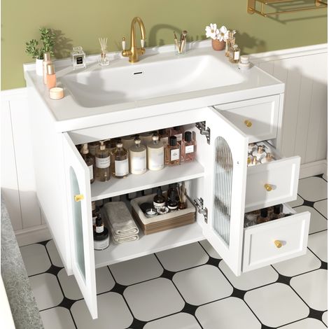 Meuble vasque mural 80 cm avec lavabo en céramique, 2 tiroirs, rangement réglable, MDF blanc (1/5)