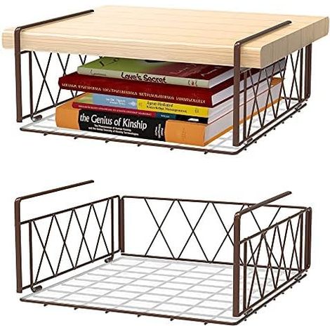 2 Pack Metal Under Cabinet Shelf Hanging Basket for Kitchen Pantry Office (Bronze) (1/5)