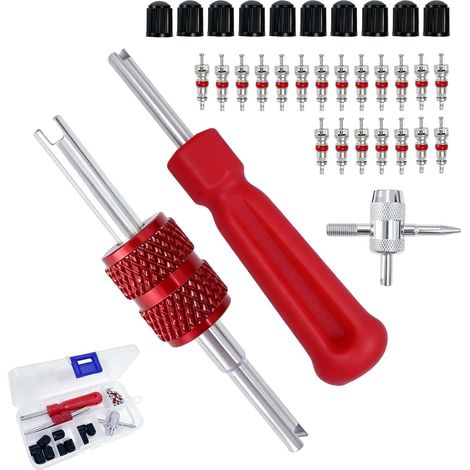Lot de 33 Demonte Valve Pneu, Kit de Dépose de Valve Pneu avec 20 Obus, Extracteurs à Tête Simple et Double, Outil de Valve 4 Voies et 10 Capuchons, pour Voiture, Moto, Vélo, Camion, Garage et Atelier (1/5)