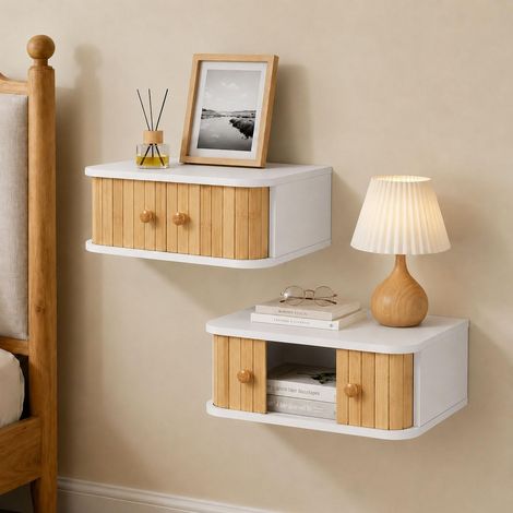 Set of 2 Hanging Bedside Table Bamboo Wall Wooden (1/5)