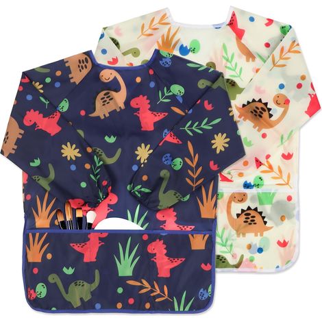 Lot de 2 tabliers d'art pour enfants, imperméables, à manches longues et poches, motif dinosaures, pour petits garçons et filles de 3 à 8 ans, bleu et beige. (1/5)