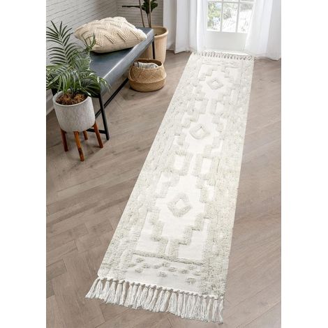 Tapis de couloir bohème, en coton, lavable avec pompons, tapis de cuisine tissé à la main, style marocain pour couloirs, chambre à coucher, salle de bain (Beige, 60 x 180 cm) (1/5)