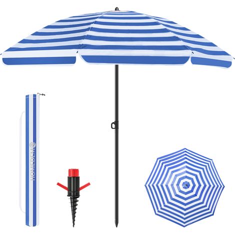 HOMEDEMO Parasol Plage Inclinable avec Revêtement Argenté, UV50+, avec Pieds de Parasol de Plage à hélice à Visser & Housse de Protection, pour Terrasse, Piscine, Marché, 180cm, Rayures bleues et blan (1/5)