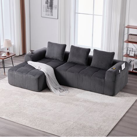 Divano modulare 253x158x61 cm grigio scuro in velluto a coste con tasche laterali, portabicchieri e 3 cuscini (1/5)