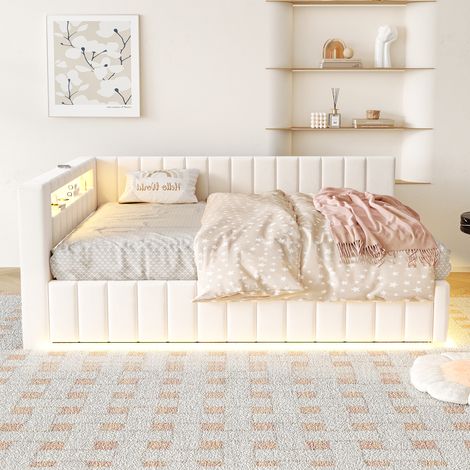 Canapé convertible matelassé beige 140x200 avec coffre de rangement hydraulique, éclairage LED, ports USB, dossier et tête de lit renforcés, sommier solide, velours doux, ancien modèle LDU00361AAA (1/5)