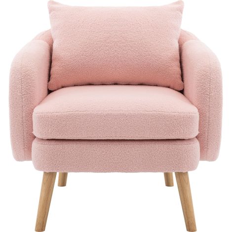 Sillón individual de tejido Teddy rosa con cojín y patas de madera (1/5)