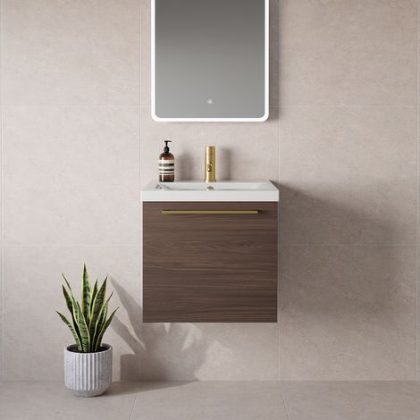 Napoli 390 Brown Oak 500mm Wall Mounted Single Drawer Vanity Unit with Glide Basin - 500mm - Brushed Brass 320mm Handle