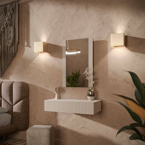Consola Premolo, entrada suspendida con espejo, diseño moderno con efecto caña, 80x42 h97 cm, beige