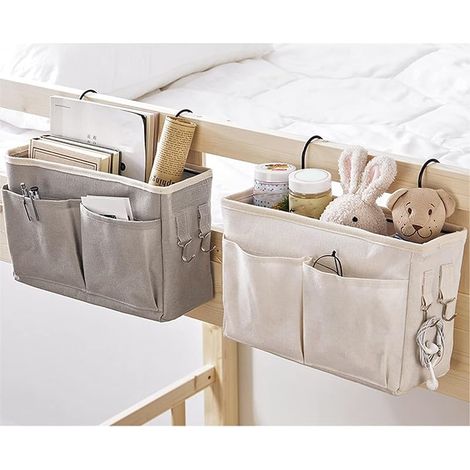 Panier Suspendu de Chevet, Support D'étagère, Sac de Rangement Suspendu de Chevet pour Têtes de Lit, Table à Langer, Accessoires de Lit superposé pour Couchette Supérieure (Blanc) (1/4)