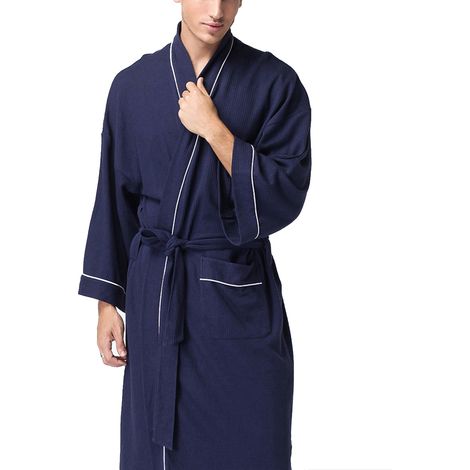 Peignoir léger en coton gaufré, style kimono, pour les amoureux des peignoirs, bleu marine (1/5)