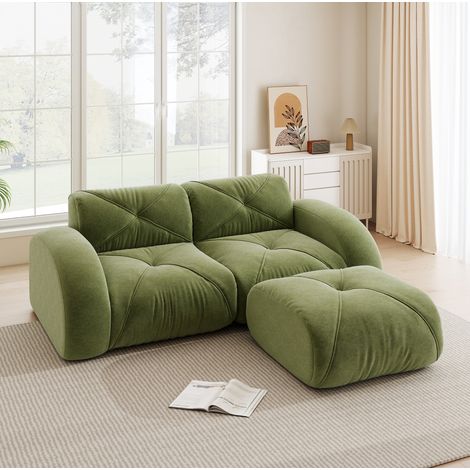 MODFU – Divano modulare 2 posti con pouf 204x171 cm in ciniglia con schiuma 32D stampata, design senza telaio e carico 200 kg per seduta – Verde (1/5)