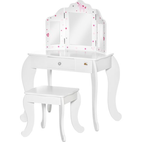 Kinderschminktisch mit Hocker, dreifachem Spiegel und Schublade, 63 x 40 x 85,5 cm, weiß