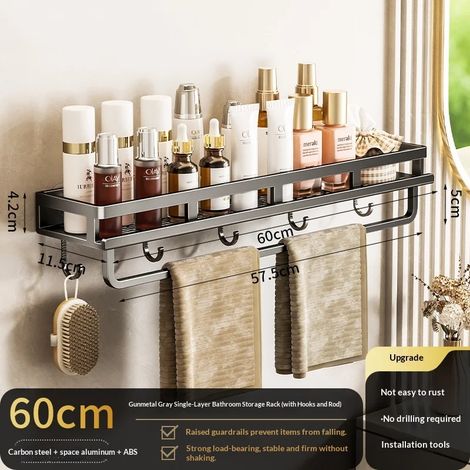 Étagère murale de salle de bain (grise, 60 cm) à ventouses, sans perçage. Organisateur mural en aluminium. (1/5)