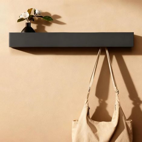 60cm Porte Manteau Mural avec Étagère, 7 Crochets Cachés, Porte-Crochets en Bois et Métal, Crochets Discrets pour Entrée, Chambre, Salle de Bain et Salon, Porte Manteau Noir (1/5)