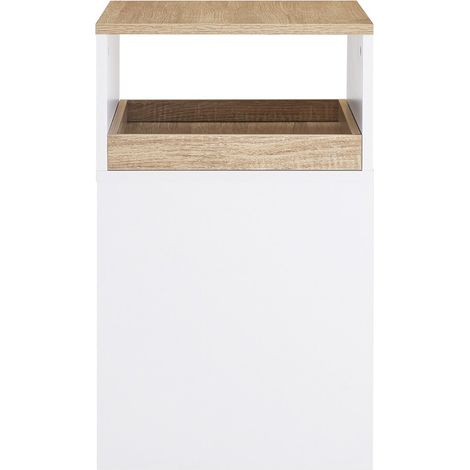Rollendes Druckermöbel mit Schubkasten Kompakt-Schreibtisch mit 1 abnehmbaren Schubkasten und 1 offener Nische, kleines Ablagemöbel für Büro oder Haus, Weiß und Naturholz, 40x50x65 cm, ASK08-WN
