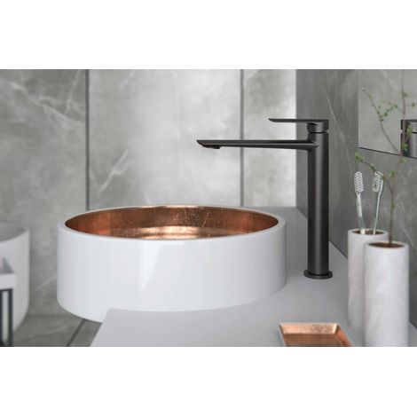 Mitigeur de lavabo avec bec haut et garniture de vidage (bouchon) noir mat (1/2)