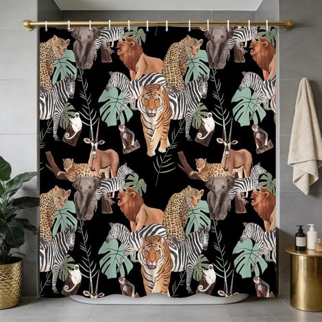 Rideaux de Douche 150x200cm Animaux Sauvages Jungle Lion féroce Tigre Forêt Tropicale Safari Rideaux décoratifs de Salle de Bain avec Crochets Résistants à l'eau (1/5)